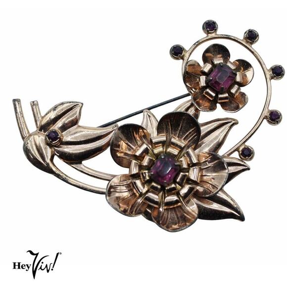 Vintage 40s Gold Wash over Sterling Floral Leaf Bouquet Pin Brooch 3.5" -Hey Viv - Picture 1 of 8